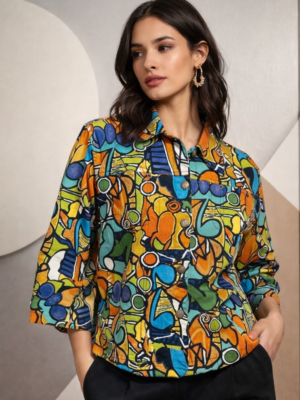 VTG Mirror Image Wearable Art Fitted Button Front Colorful Abstract Jacket - L